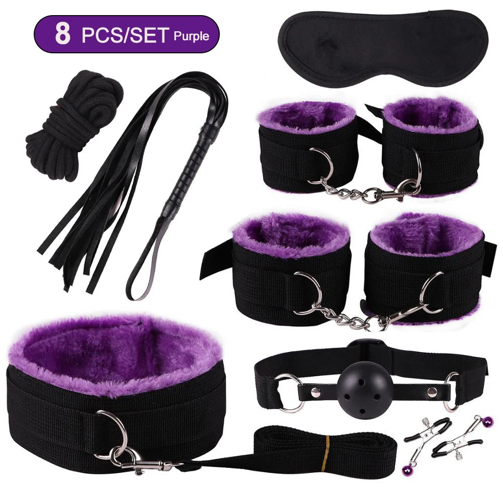 BDSM Bondage Kits PU Leather Restraint Set Handcuffs Collar Masks Silicone Mouth Plug Sex Toys for Women Couples SM Adult Games