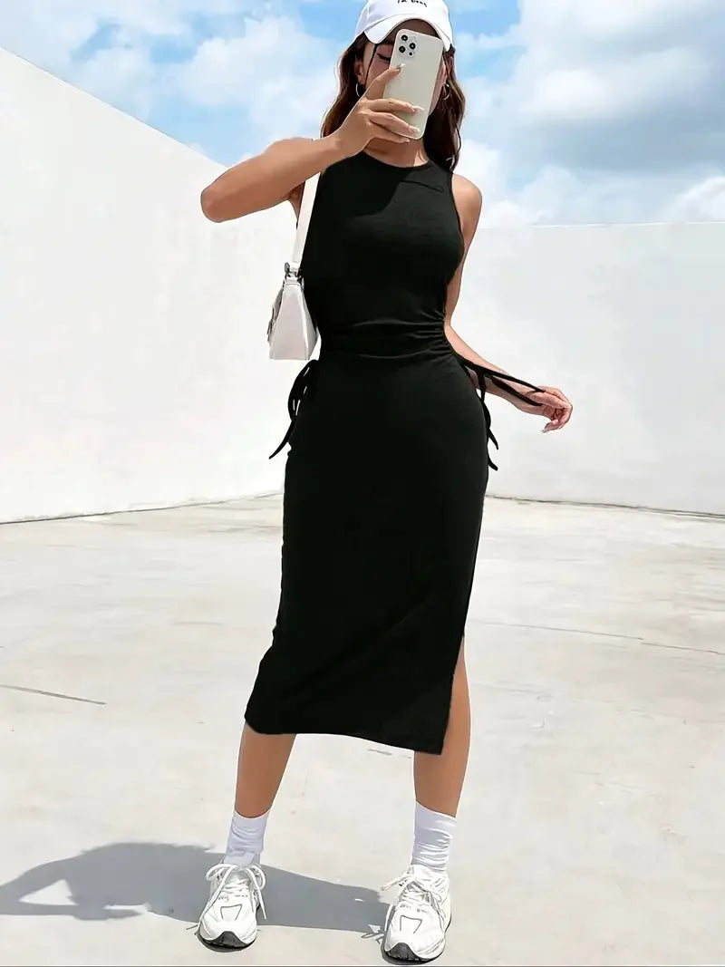 Design Sense Dew Waist Lace Slim Sexy Side Slit Bag Hip Dress Summer round Neck Sleeveless Vest Dress Female