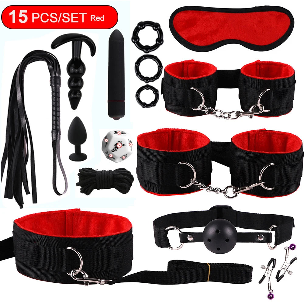 BDSM Bondage Kits PU Leather Restraint Set Handcuffs Collar Masks Silicone Mouth Plug Sex Toys for Women Couples SM Adult Games