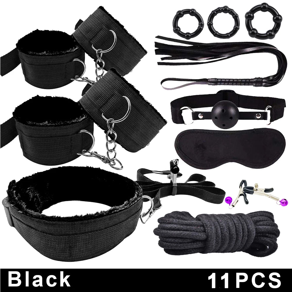BDSM Bondage Kits PU Leather Restraint Set Handcuffs Collar Masks Silicone Mouth Plug Sex Toys for Women Couples SM Adult Games