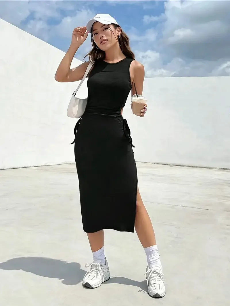 Design Sense Dew Waist Lace Slim Sexy Side Slit Bag Hip Dress Summer round Neck Sleeveless Vest Dress Female