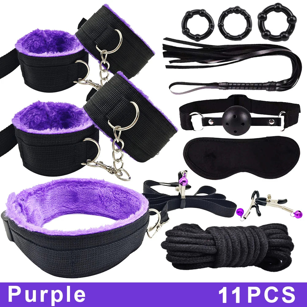 BDSM Bondage Kits PU Leather Restraint Set Handcuffs Collar Masks Silicone Mouth Plug Sex Toys for Women Couples SM Adult Games