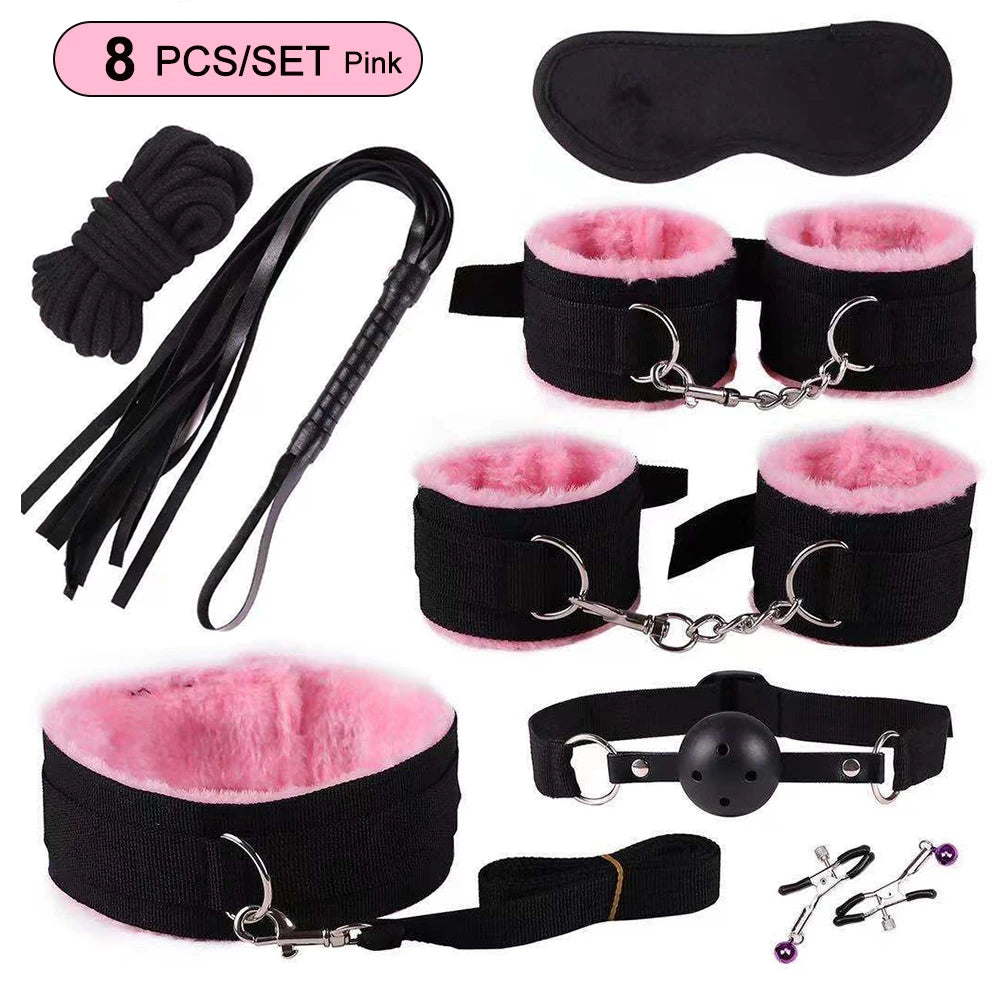 BDSM Bondage Kits PU Leather Restraint Set Handcuffs Collar Masks Silicone Mouth Plug Sex Toys for Women Couples SM Adult Games
