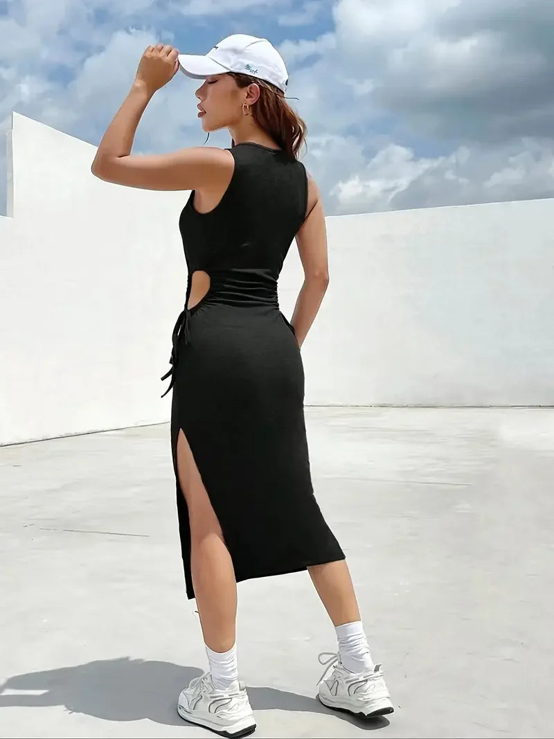 Design Sense Dew Waist Lace Slim Sexy Side Slit Bag Hip Dress Summer round Neck Sleeveless Vest Dress Female