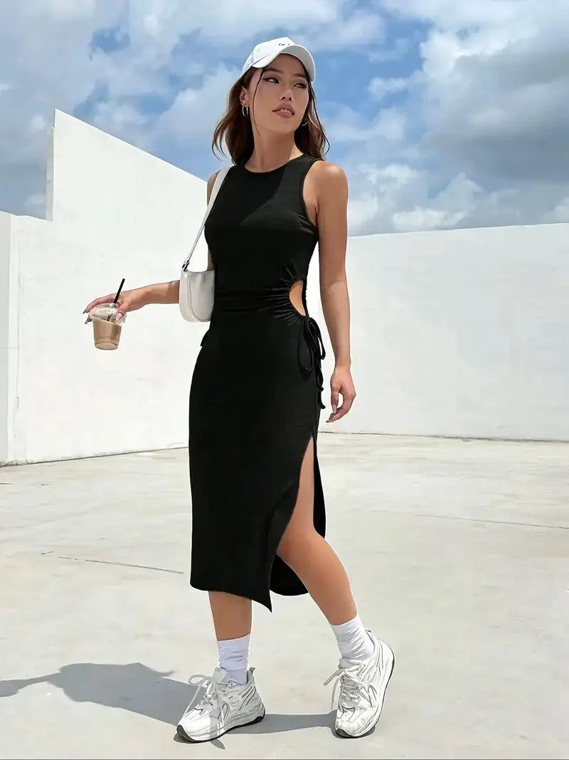 Design Sense Dew Waist Lace Slim Sexy Side Slit Bag Hip Dress Summer round Neck Sleeveless Vest Dress Female
