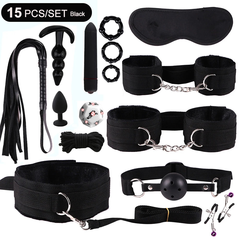 BDSM Bondage Kits PU Leather Restraint Set Handcuffs Collar Masks Silicone Mouth Plug Sex Toys for Women Couples SM Adult Games