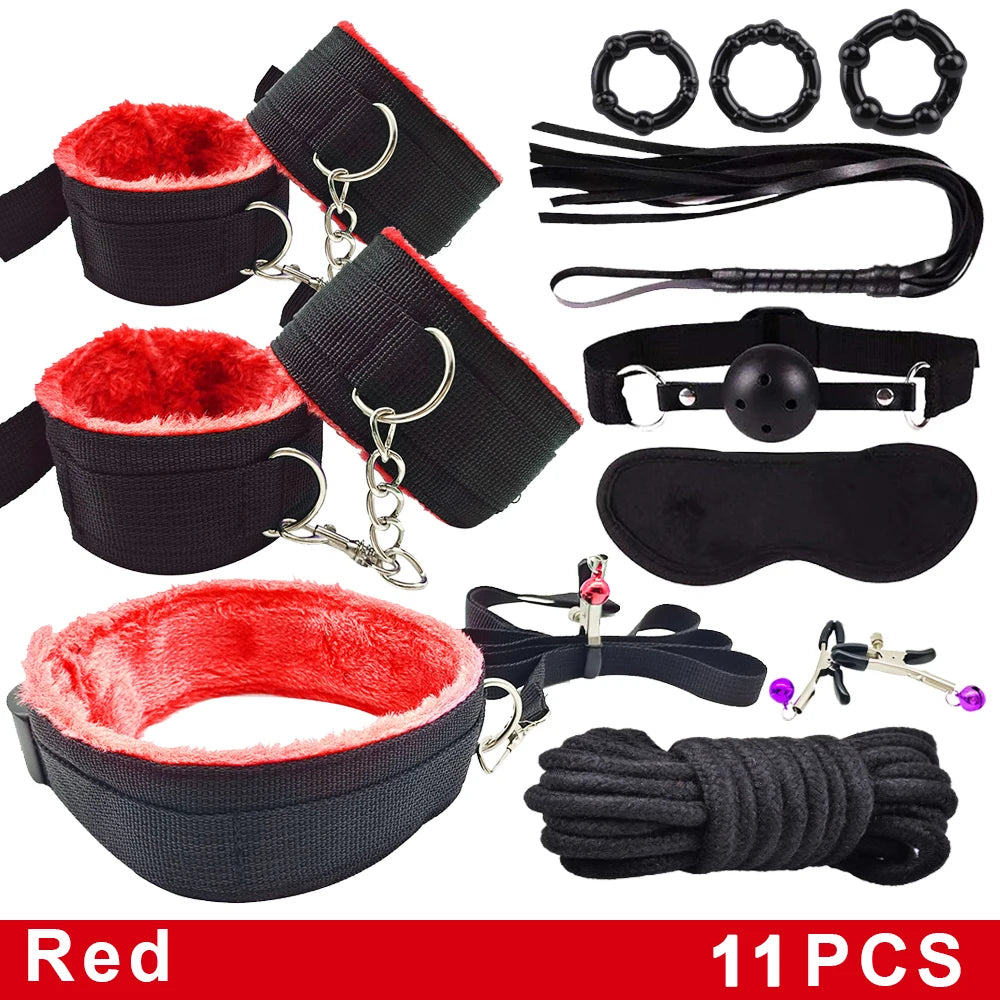 BDSM Bondage Kits PU Leather Restraint Set Handcuffs Collar Masks Silicone Mouth Plug Sex Toys for Women Couples SM Adult Games