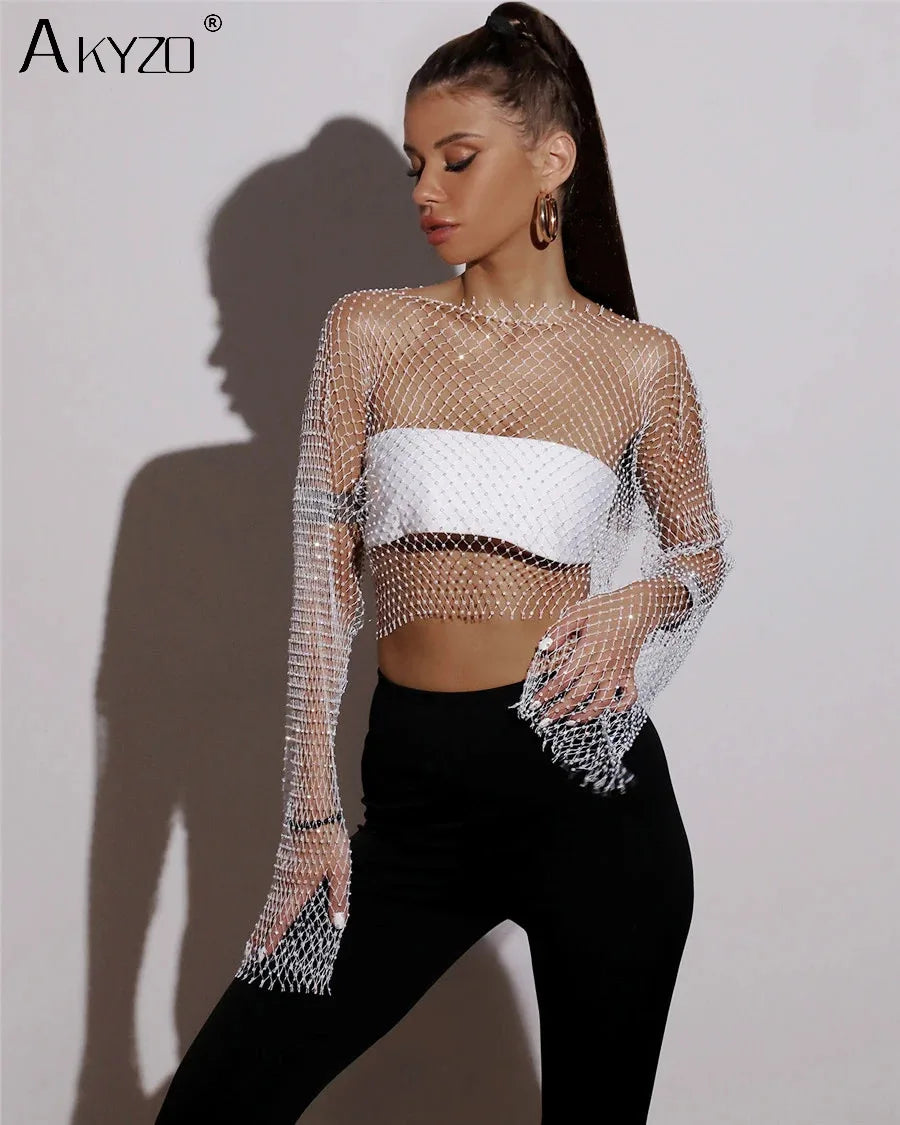 Autumn Women Sexy See through Fishnet T Shirt Glitter Rhinestone Hollow Mesh Long Sleeve Crop Tops Nightclub Party Festival Top