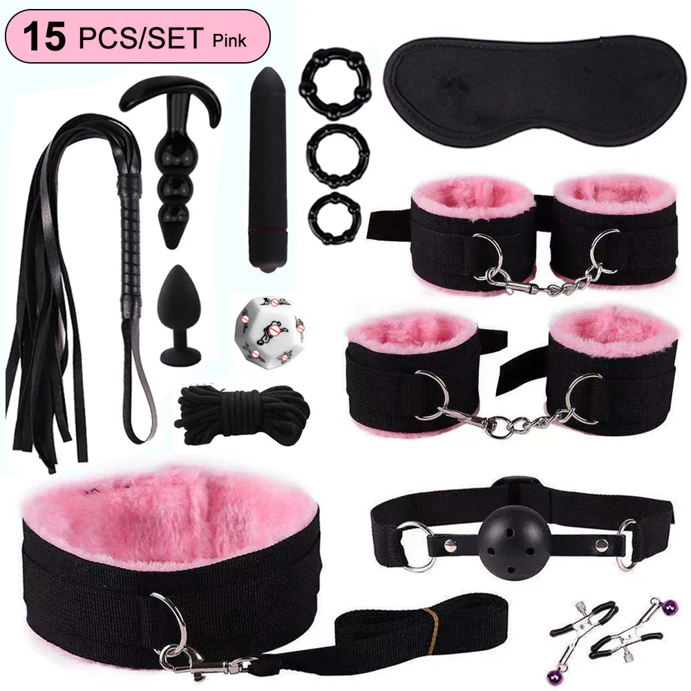 BDSM Bondage Kits PU Leather Restraint Set Handcuffs Collar Masks Silicone Mouth Plug Sex Toys for Women Couples SM Adult Games