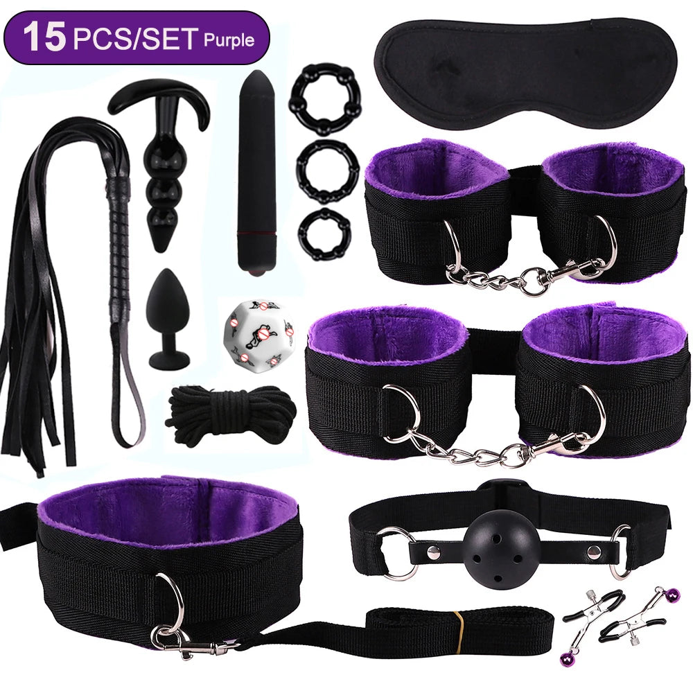 BDSM Bondage Kits PU Leather Restraint Set Handcuffs Collar Masks Silicone Mouth Plug Sex Toys for Women Couples SM Adult Games