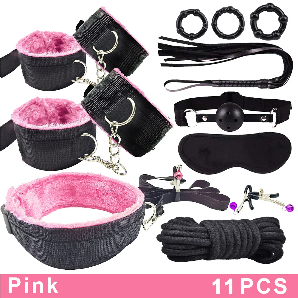 BDSM Bondage Kits PU Leather Restraint Set Handcuffs Collar Masks Silicone Mouth Plug Sex Toys for Women Couples SM Adult Games