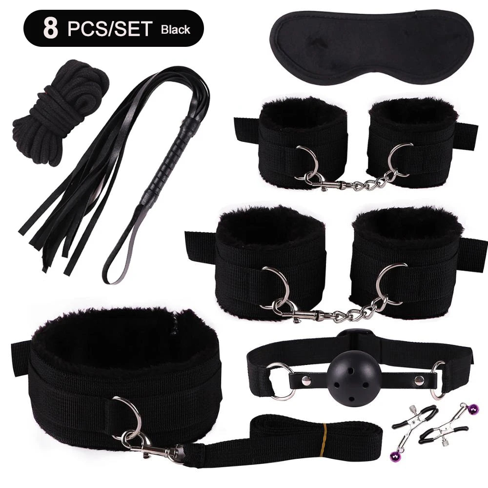 BDSM Bondage Kits PU Leather Restraint Set Handcuffs Collar Masks Silicone Mouth Plug Sex Toys for Women Couples SM Adult Games