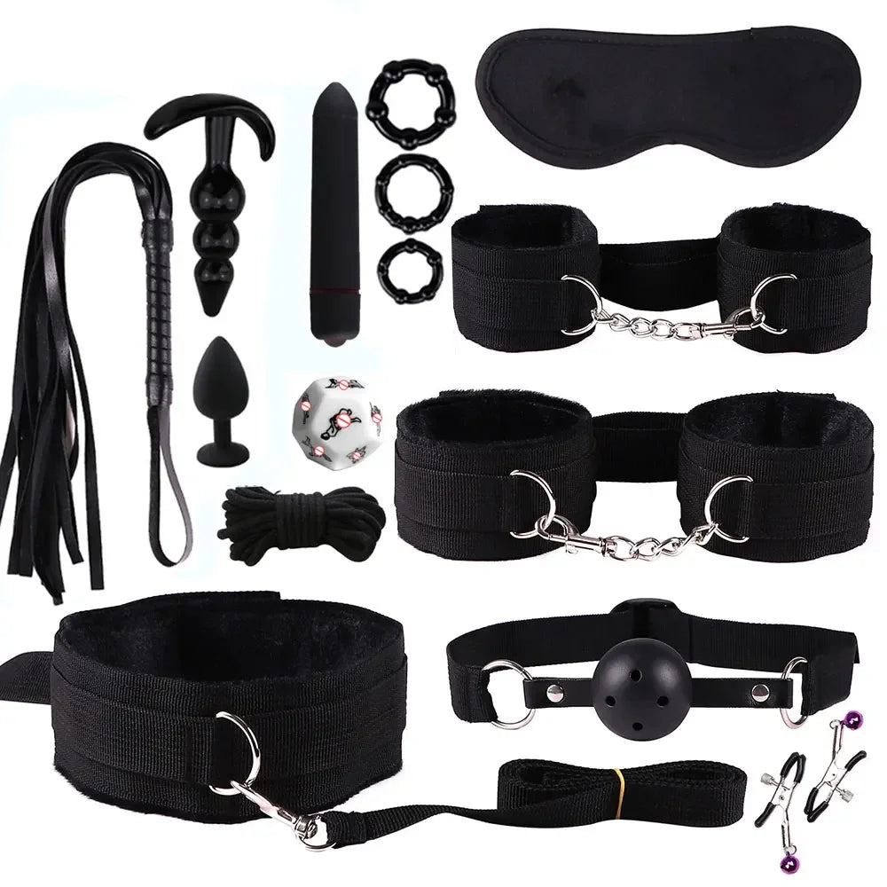 BDSM Bondage Kits PU Leather Restraint Set Handcuffs Collar Masks Silicone Mouth Plug Sex Toys for Women Couples SM Adult Games