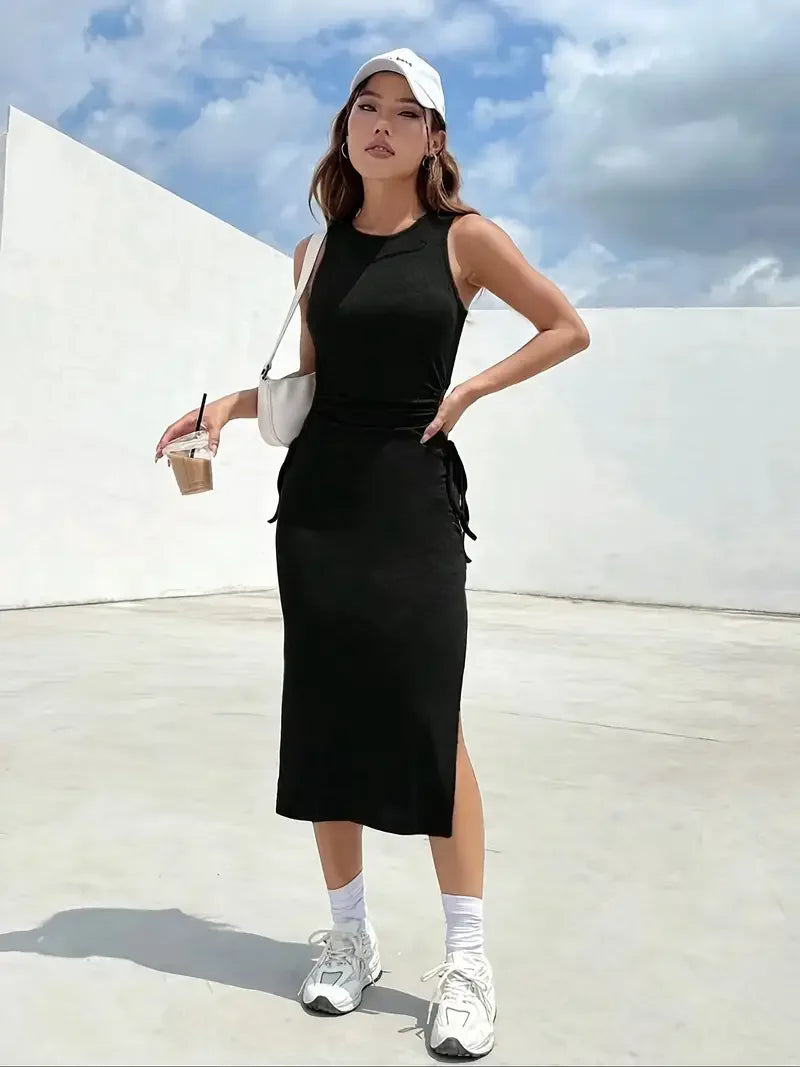 Design Sense Dew Waist Lace Slim Sexy Side Slit Bag Hip Dress Summer round Neck Sleeveless Vest Dress Female
